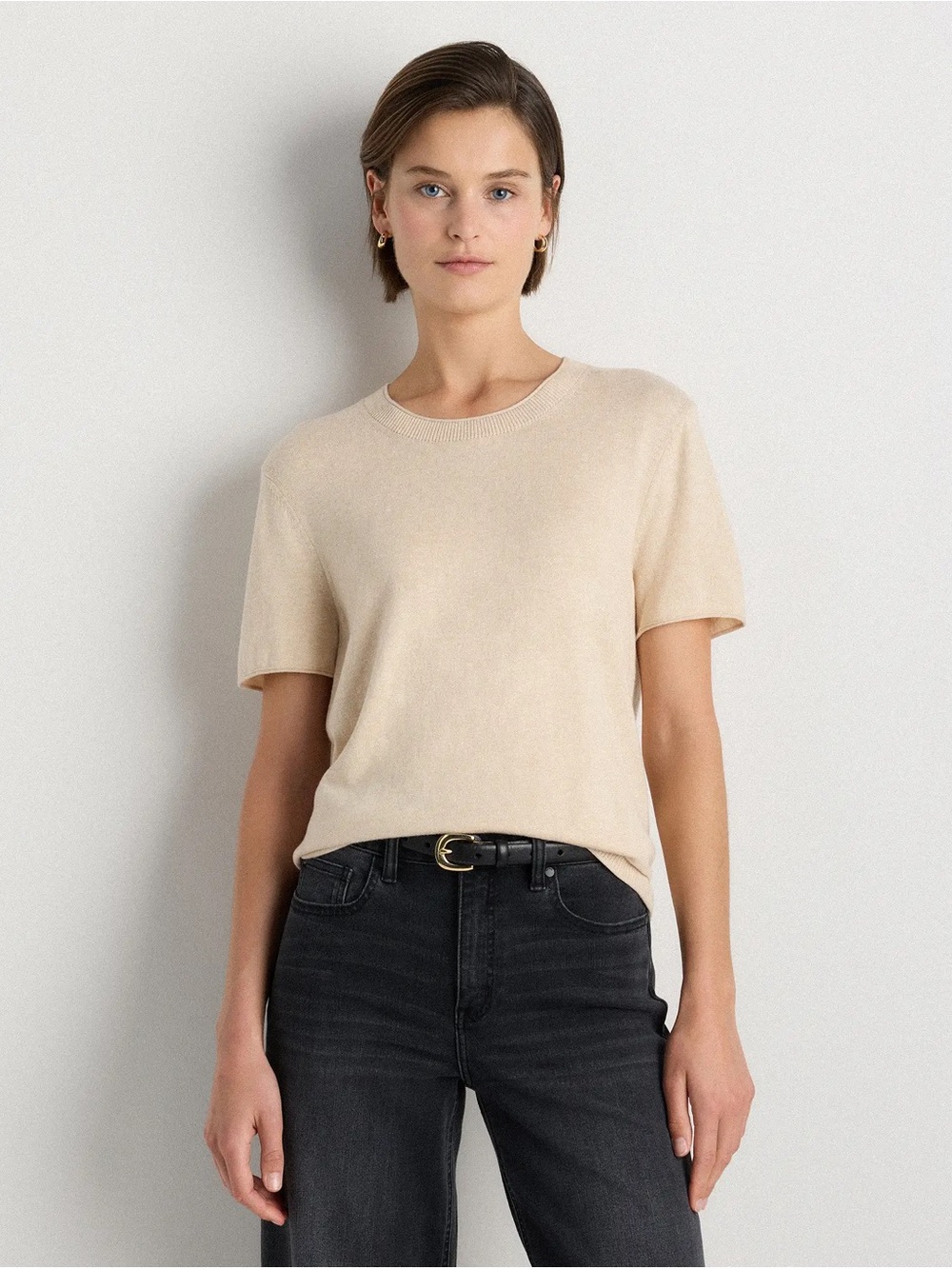 Quince Cotton Cashmere Relaxed Sweater Tee Heather Oatmeal Women Size S